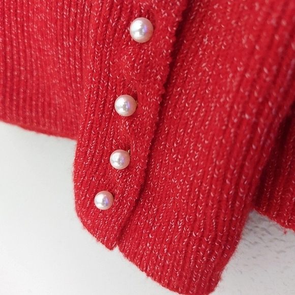 LOFT Crew HOLIDAY Pearl buttons accent neck pressimon Red speck specks sweater - Picture 3 of 5